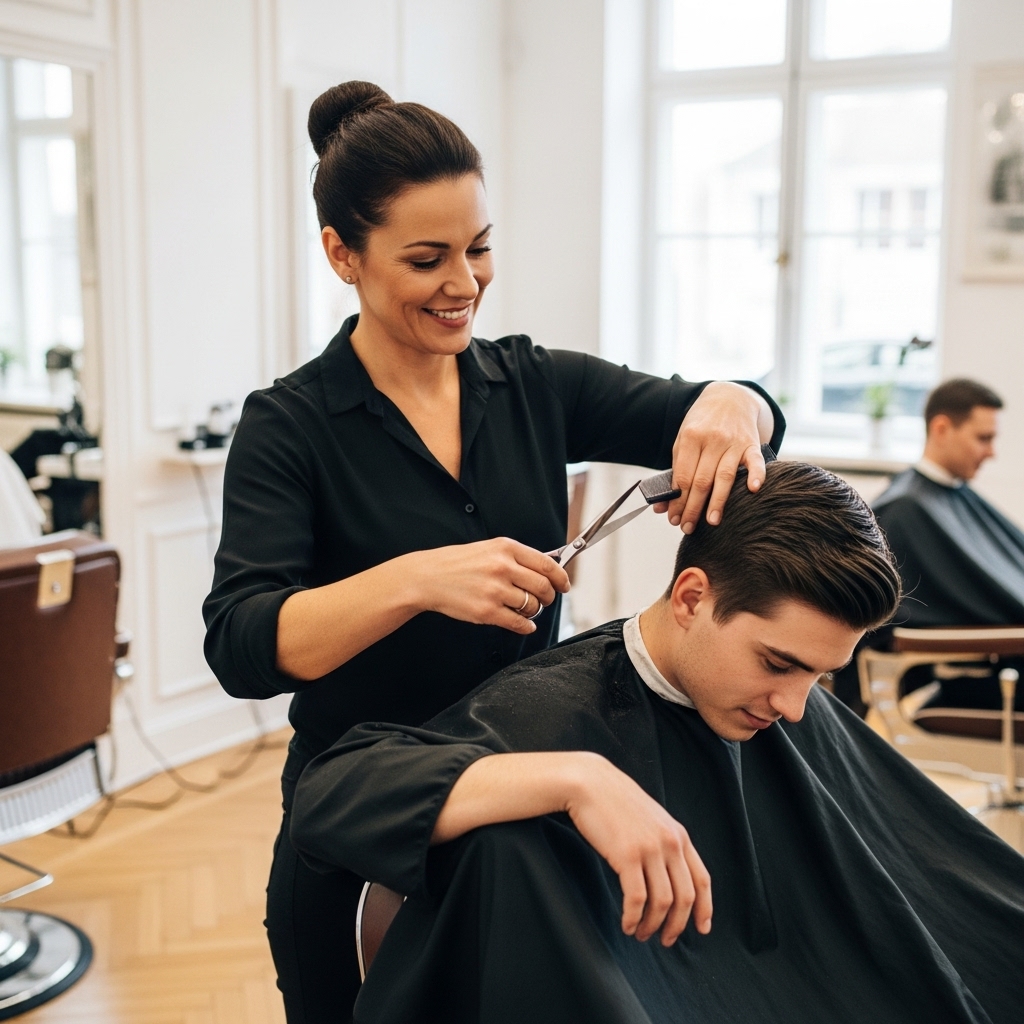 Frisör klipper kund i modern salong – NOXEKO